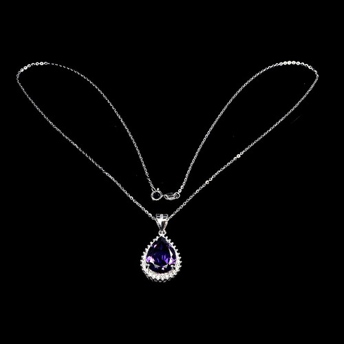 925 Argento Sterling Collana Pera Ametista 16x12mm Zircone Gemma Gioielli - Foto 3 di 13
