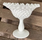 Vintage Fenton White Milk Glass Hobnail Pedestal Candy Dish Ruffle Edge 8”