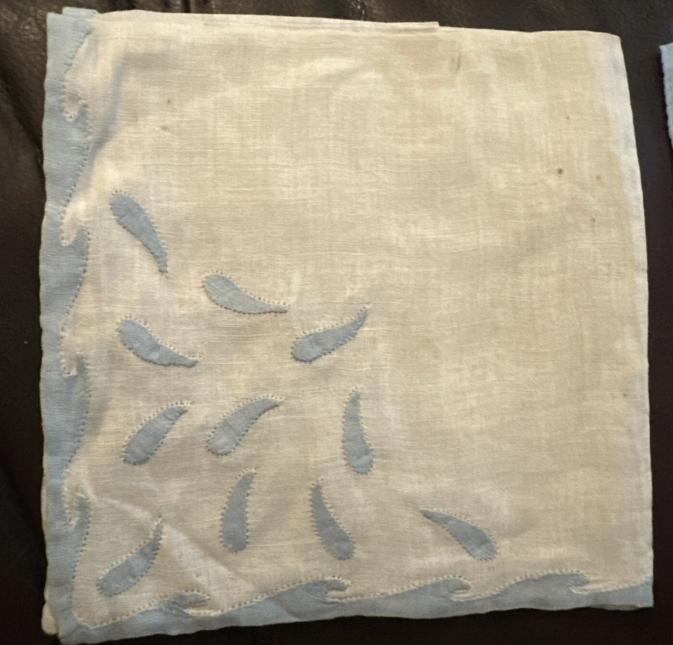 Juego de 2 pañuelos de lino antiguos diseño con incrustaciones azules Grant Cottage Grannychic Foto 2 de 4