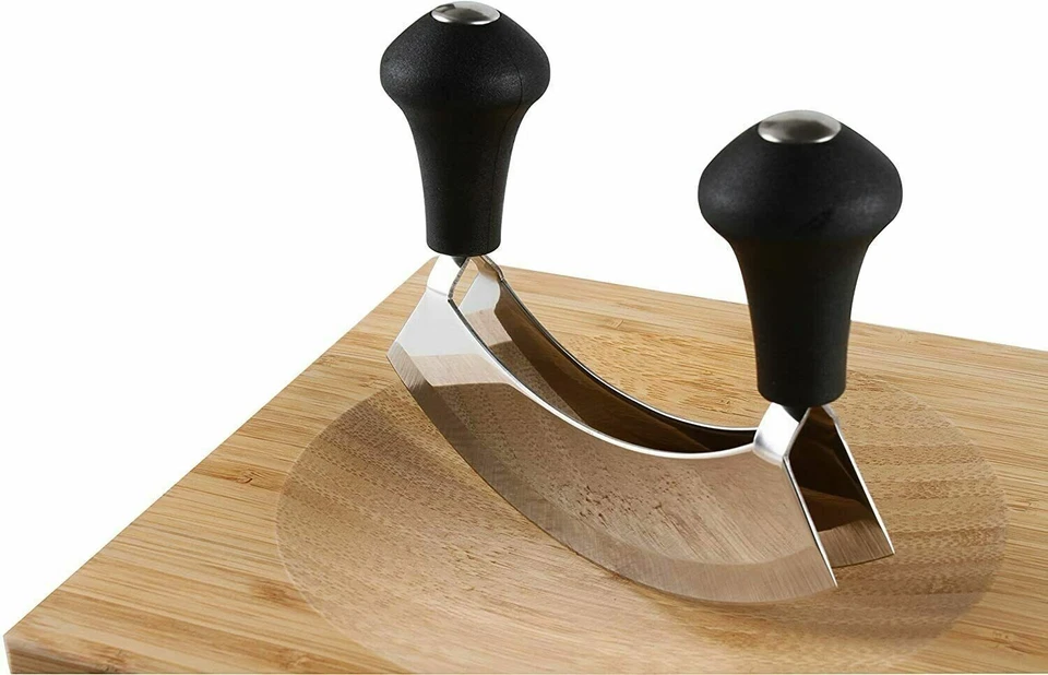 Mezzaluna Hevea Wooden Chopping Board Stainless Steel Double Blade Herb Chopper - Image 4 of 4