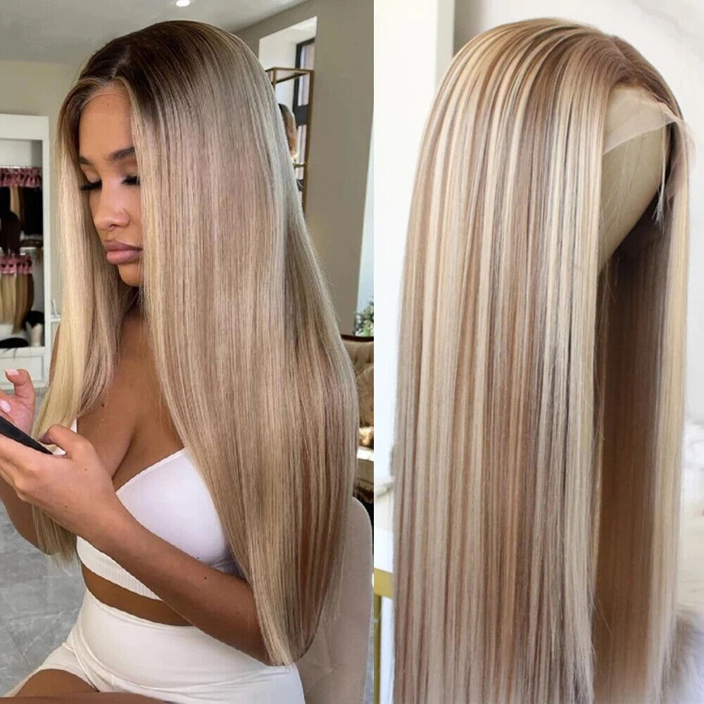 Ash Blonde Straight Lace Front Wig Highlight Wig Ombre Blonde Synthetic Hair  Wig | eBay