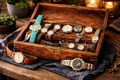 Vintage Watch Lot 13pc Parts Repair Mixed Brands + Bands Antique Wood Box Estate