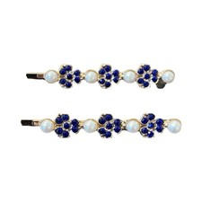 Pearl Rhinestone Hair Pins: Blue Wedding Hair Accessories Gold Tone Set of 2