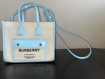 Burberry Freya Small Tote Sky Blue Beige Logo Gold Hardware Dust