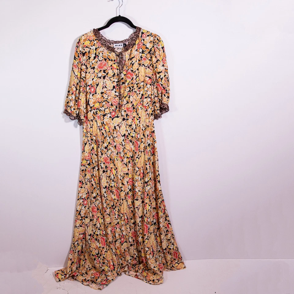 Vestido Rixo London Hanna Seda Gasa Media Manga Naranja Floral Leopardo 6