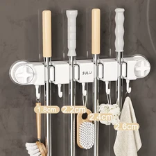 Premium Suction Cup Mop & Broom Holder Wall Mounted Rack Kitchen Organizer