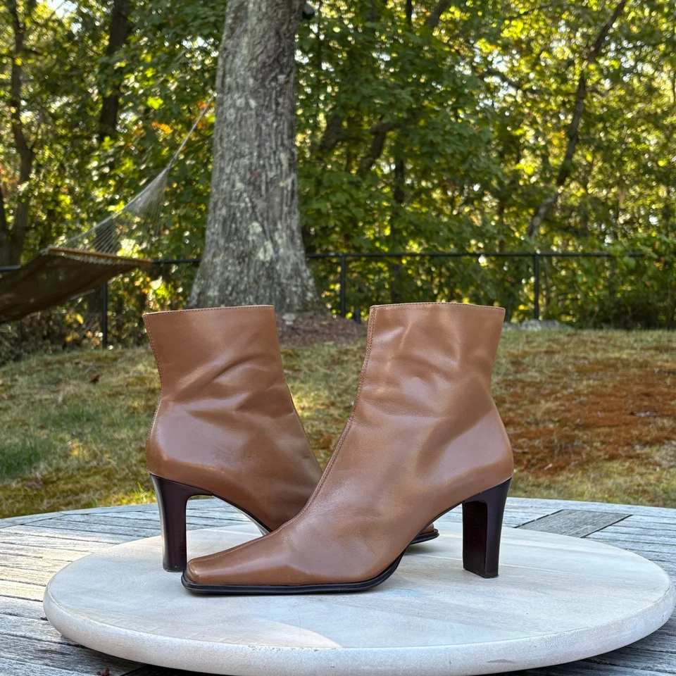 Mujer Desfile Cuero Marrón Botines Talla 11 Elegante Tacón Cremallera Estilo Chic Foto 2 de 4