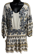 Free People Cream Blue Size XS Fit Flare Mini 3/4 Sleeve V-Neck Tie  Dress EUC