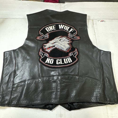 Divine Motorcycle Leather Vest LONE WOLF Embroidered Mens Black Sz- 56