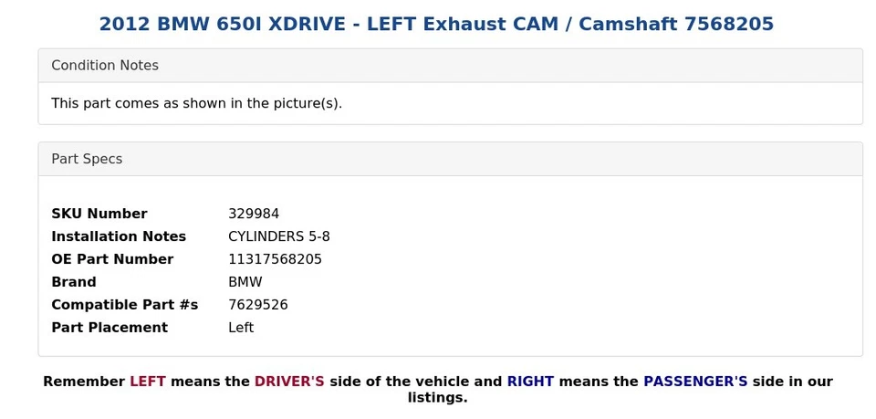 2012 BMW 650I XDRIVE - LEFT Exhaust CAM / Camshaft 7568205 - Image 4 of 4