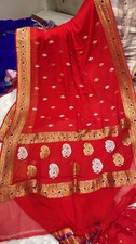 Red 100 khadi Chiffon Sari Zari Banarasi Woven Designer Saree With Blouse Pce