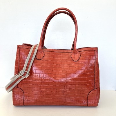 CLAUDIA FIRENZE Italy Burnt Orange Croc Leather Spacious Large Tote Shoulder Bag