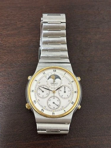 Seiko Moon Phase 7A48 7000 Chronograph Watch Vintage Quartz Mens wrist 17cm