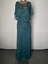 Oleg Cassini Women's Maxi Dress Teal Green, Size 2 Allover Beaded Blouson Sleeve