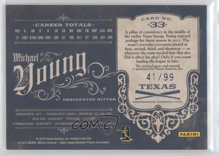 2011 Playoff Prime Cuts Materials /99 Michael Young #33 - Image 2 of 2