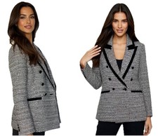 New Zara Ecru Black Textured Contrast Piping Double Breasted Blazer Jacket Sz XS