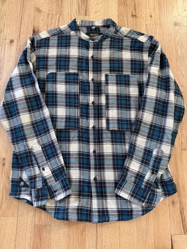 10 Deep Long Sleeve Mandarin Plaid Button Down Shirt Large
