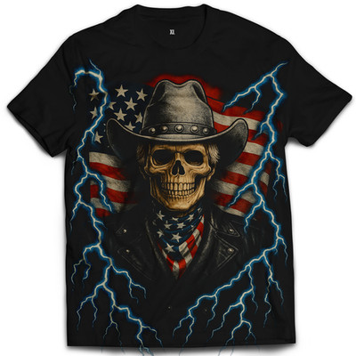 Dead Cowboy Skull Graphic T-Shirt Lightning American Flag Western Gothic Tee