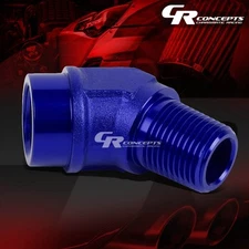 3/8" NPT MALE 45 DEGREE TO 3/8" FEMALE HOSE BULK BLUE ALUMINUM ANODIZE FITTING