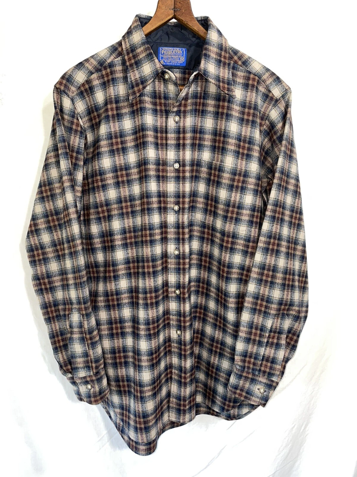 Vintage 60's 70's Pendleton Blue Brown Plaid Virgin Wool Button Up Shirt Men's M