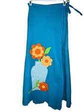 951. Vintage Blue Felt With Floral Appliqu  Wrap Maxi Skirt Union Made Sz S