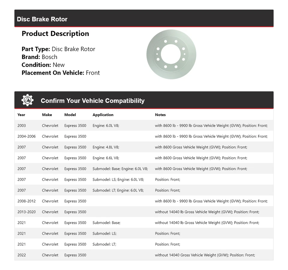 Rotor de freno de disco delantero 2004 para Chevrolet Express 3500 Bosch QuietCast 2003-2022 Foto 2 de 4