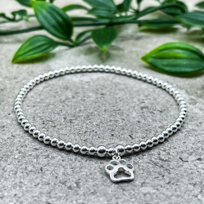 Sterling Silber Armband mit PFOTE Charm Katze Hund Perlen Stretch Stapelarmband
