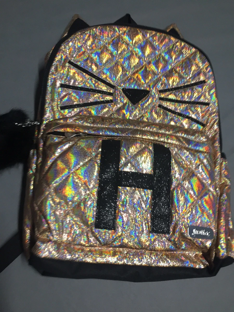 Justice Girls CAT Ears Initial Letter H Rose Gold Quilted BACKPACK Bookbag NEW
