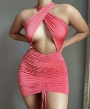 TRESSER Women’s Fashion Boutique Coral Ruched Halter Sexy Club/Party Mini Dress