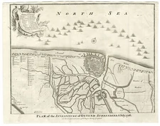 Antique Map-BATTLE-OSTEND-BELGIUM-MILITARY MAP-BATTLE LINES-SHIPS-Basire-1744