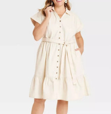 Women's Short Sleeve Denim Tiered Midi A-Line Dress - Ava & Viv Cream Size XXL
