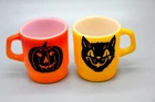 VTG Anchor Hocking Mug FIRE KING Coffee Cup Halloween Pumpkin &Cat Milk Glass