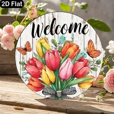 Welcome Tulip Butterfly Metal Sign Rustic Floral Wall Decor For Front Door Porch