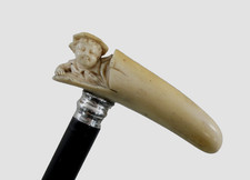 GORGEOUS ANTIQUE WALKING CANE STICK HAND CARVED SMILING BOY sterling band 19cent