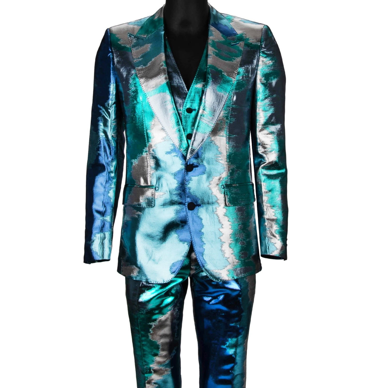 DOLCE - GABBANA Metal Jacquard Suit Blazer Jacket Waistcoat Pants Blue 46 36 S 500990₽