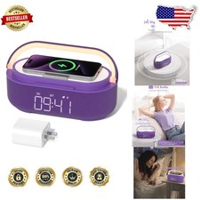 Bluetooth Speaker Alarm Clock, 15W Wireless Charger, FM Radio, Purple