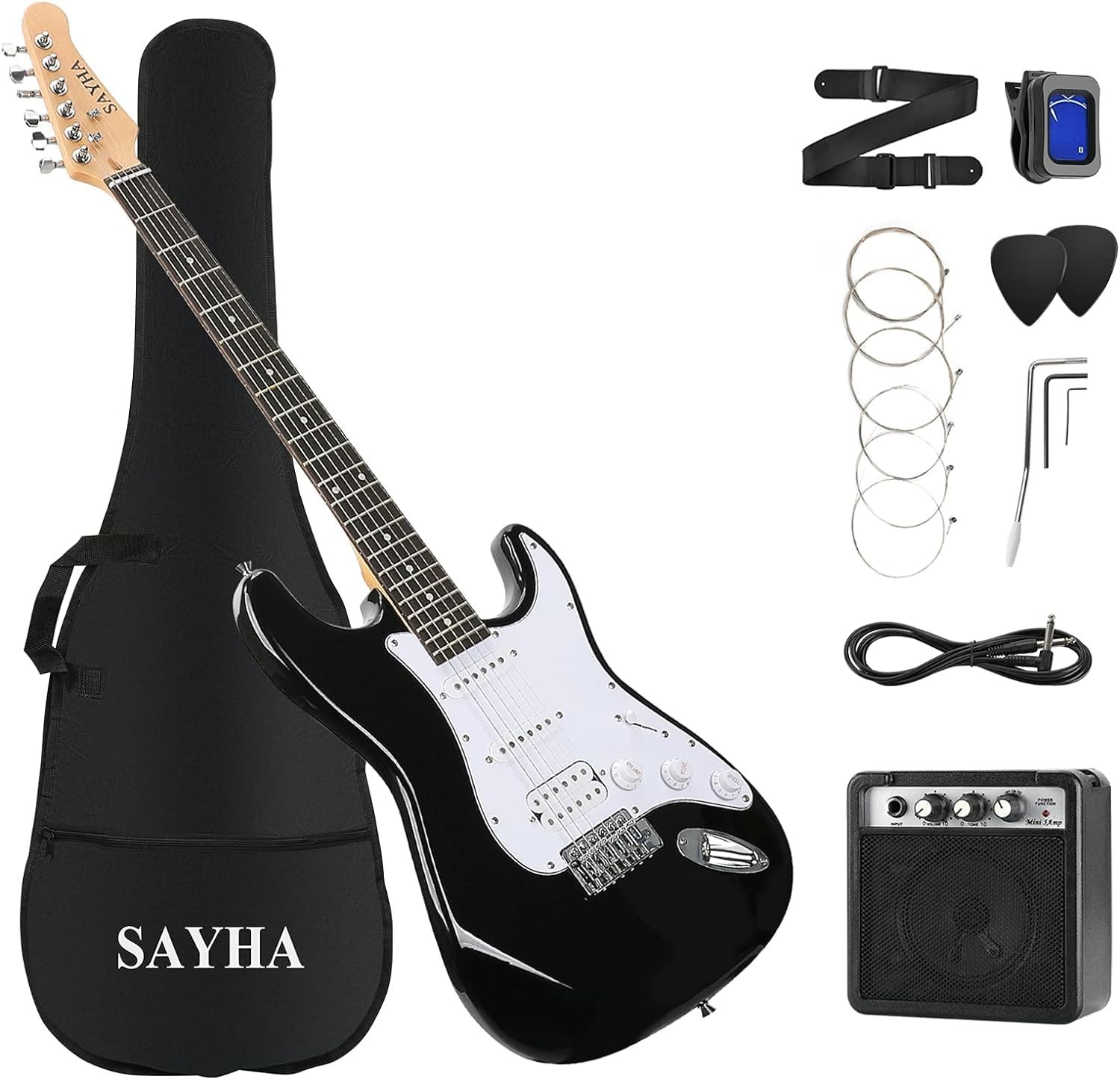 39 Inch Solid Full-Size Electric Guitar HSS Starter Kit, Black