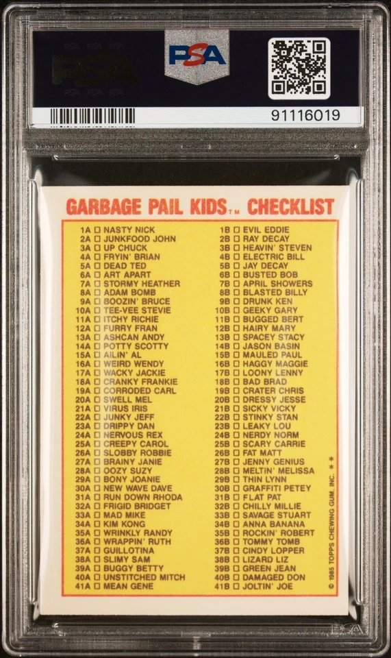 1985 Topps OS1 Garbage Pail Kids Series 1 ADAM BOMB CHECKLIST 8a Matte PSA 7 - Image 2 of 2