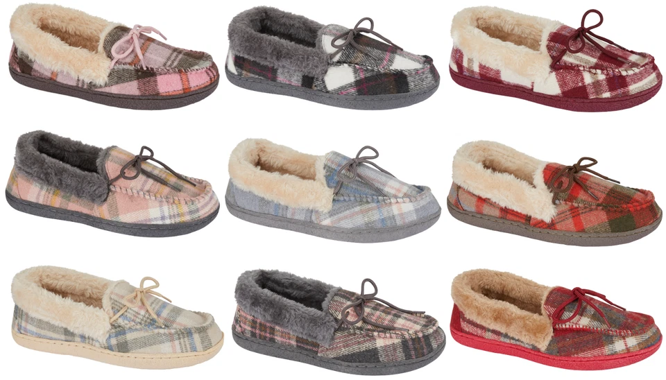 Women's Jo & Joe Moccasin Slipper Size 3-8 Warm Faux Fur Lined Tartan Slip On