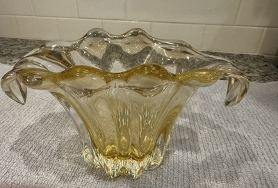 Murano Mid-Century MCM Glass Waterfall Vase Bowl Amber