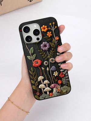 Stylische schwarze Handyhülle mit Stickereiimitat passend für iPhone 16 Samsung