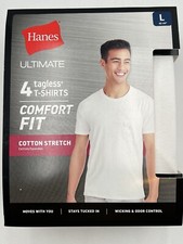 NEW HANES ULTIMATE 4 TAGLESS T-SHIRTS COMFORT FIT COTTON STRETCH SZ L WHITE 3621