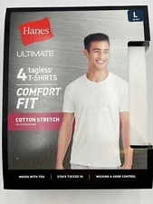 NEW HANES ULTIMATE 4 TAGLESS T-SHIRTS COMFORT FIT COTTON STRETCH SZ L WHITE 3621