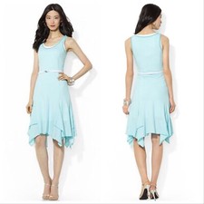 LRL LAUREN JEANS Co Sz M Pinstripe Cotton Handkerchief Hem Belted Tank Dress NWT