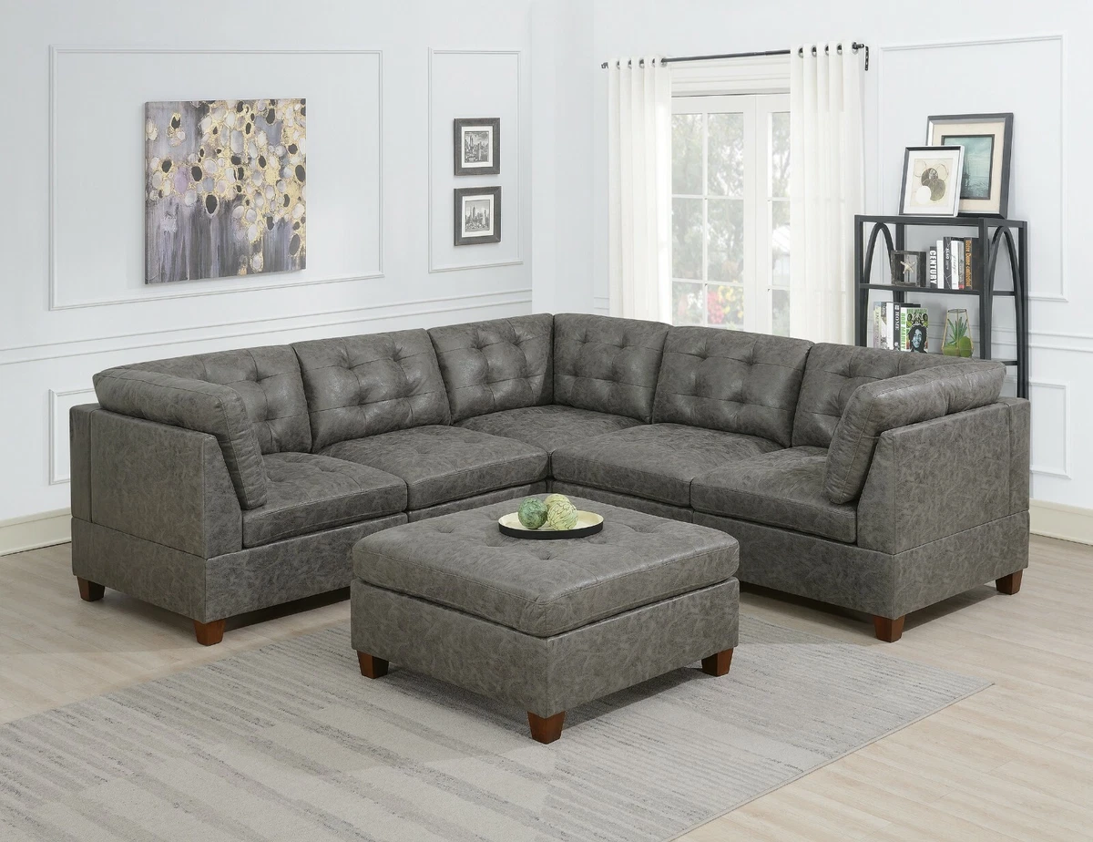 Contemporary Sofa Corners Armless Chairs Ottoman Antique Grey 6pc
