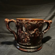 Rockingham Yelloware Glaze Loving Cup Double Frogs HUGE Ca. 1850 Tavern Scene
