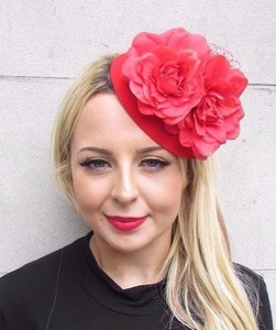 Red Net Flower Pillbox Hat Fascinator Races Wedding Hair Clip Rose