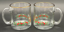 Set Of 2 Christmas Holly & Red Ribbon Clear Glass Mugs Gold Rim Made In USA