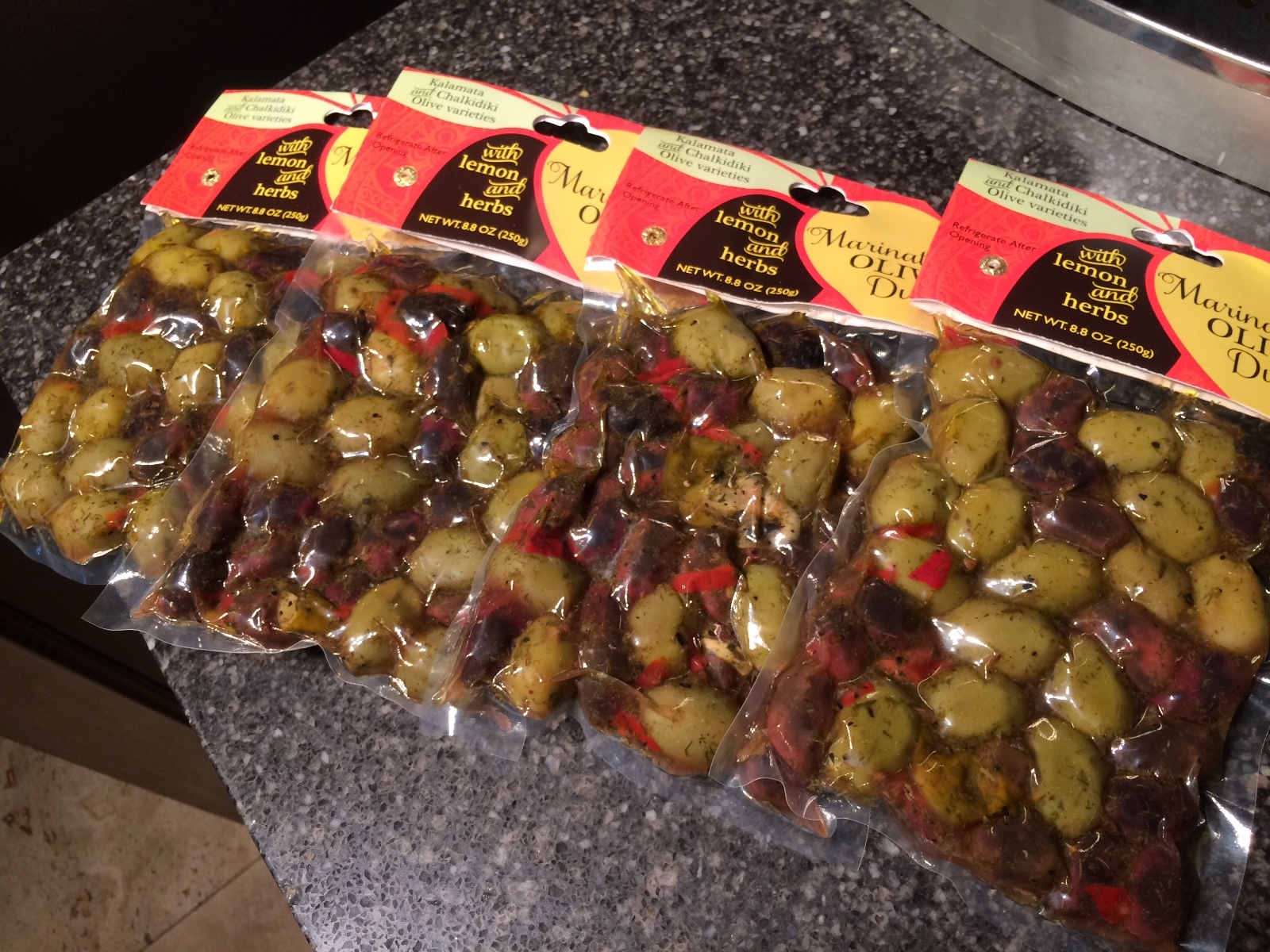 GREEK MARINATED OLIVE MEDLEY WITH LEMON AND HERBS 4 POUCHES 8.8 OZ EACH
