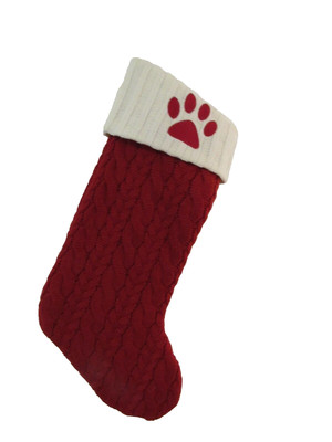 DOG CAT PETS Paw Print Christmas Stocking Lined Large 18  Red, Cable Knit New